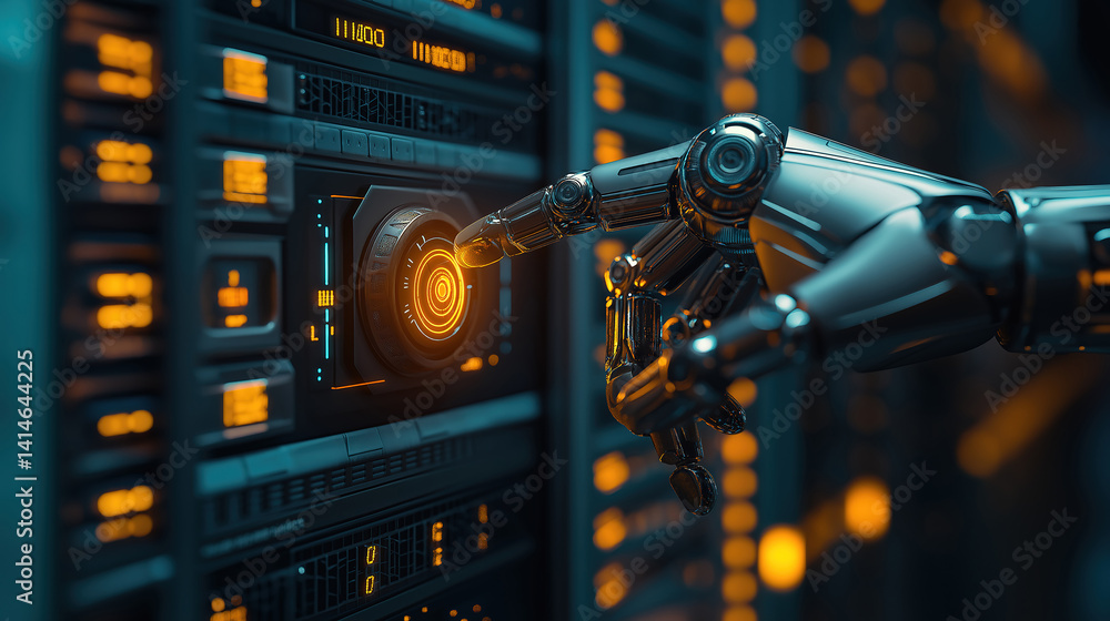 Poster a robotic finger touching a server button symbolizes the future of human and machine interaction