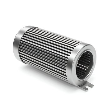 Silver cylinder with parallel slots representing filtration mechanism or industrial component