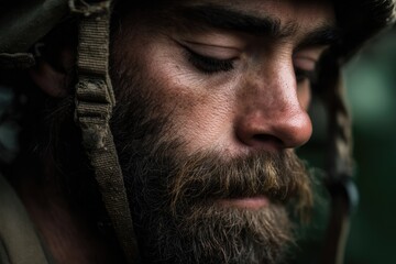 Obraz premium Intense close-up of soldier reflecting, showcasing emotion and r