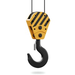 Isolated Yellow Crane Hook with Black Stripes for Construction or Lifting