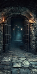 Dimly lit medieval dungeon corridor with open iron gates