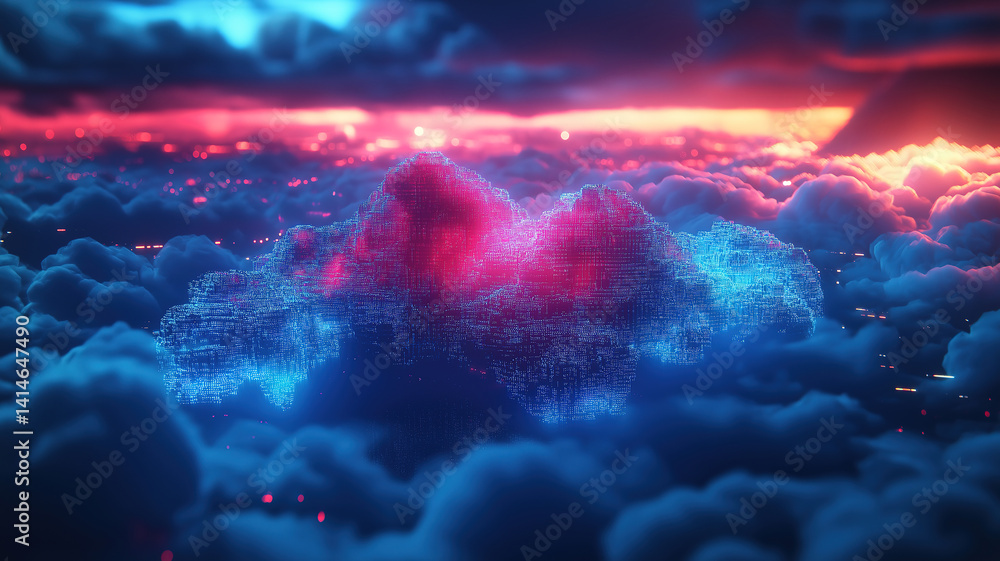 Poster dark setting with neon blue and pink lights showcasing cloud computing and database infrastructure