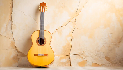 A bold acrylic painting features an electric guitar against a rustic wall.  Vibrant, electric colors and textured brushstrokes create a dynamic and expressive portrayal of the guitar and its surroundi