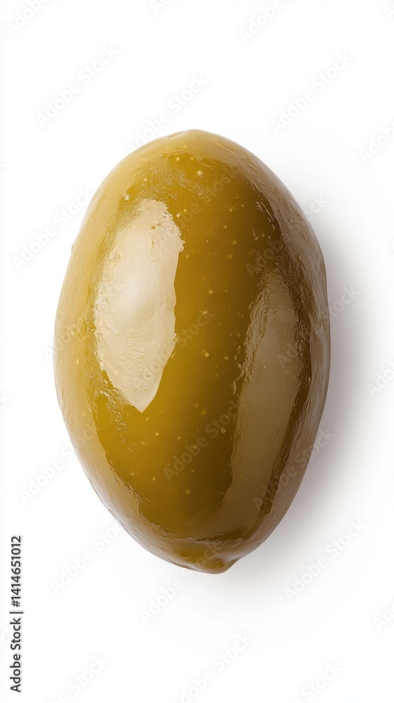 Poster studio shot of a single green olive on white backdrop showcasing its smooth texture and natural colo