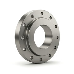 Industrial metallic flange with precise drilling against bright white background