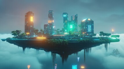 Obraz premium Futuristic metropolis on a floating island with lush vegetation and shimmering city lights
