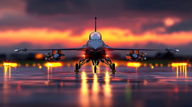F 16 fighter jet on runway at sunset