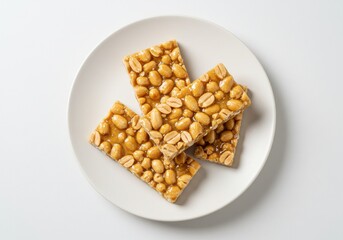 Three peanut brittle bars stacked on a white plate against a plain white background in a top down view