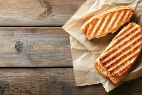 Delicious grilled cheese sandwich halves on rustic wooden table with brown paper background and overhead angle capturing the golden brown crust and melted cheese