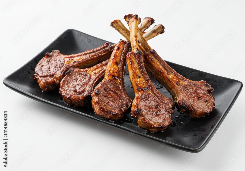 Poster grilled lamb chops arranged on a black rectangular plate against a white background in a studio shot
