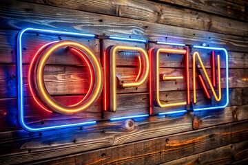Obraz premium Neon Open Sign on Rustic Wood