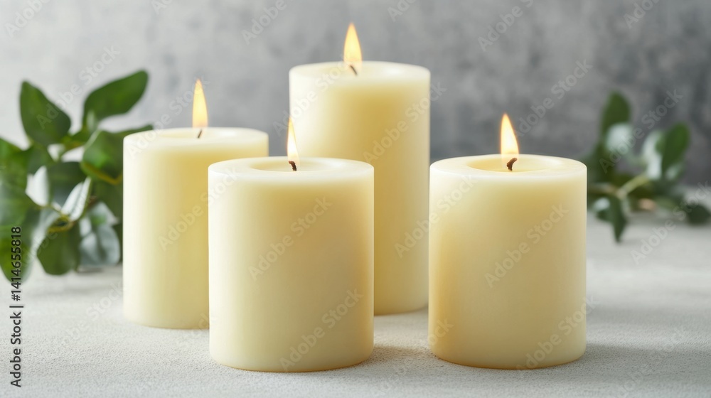 Poster serene ambiance with lit ivory candles and greenery on a textured surface creating a peaceful and re