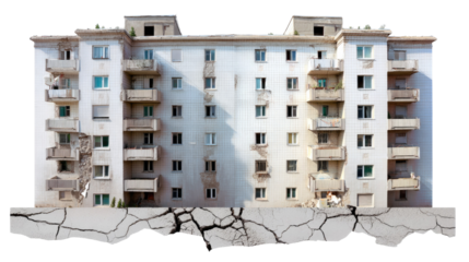 Cracked Foundation: An architectural depiction of a building foundation experiencing structural damage, creating a visual representation of vulnerability and decay.