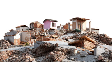 Fototapeta premium Ruined Village: Devastation and loss are palpable in this image of a village reduced to rubble, with shattered buildings and debris scattered across the landscape.