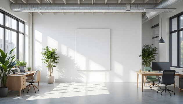 Minimalist Office Interior with Blank Wall and Natural Light - Powered by Adobe
