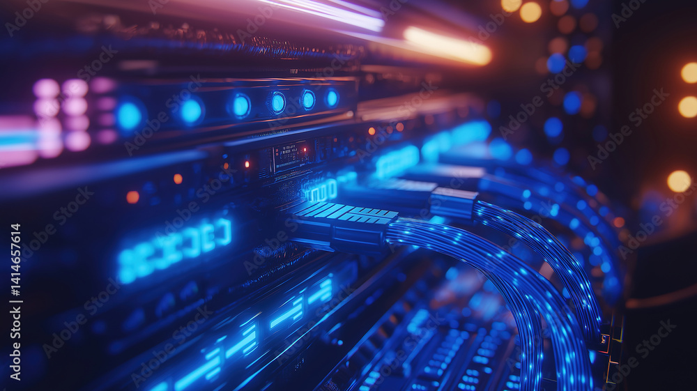 Poster data communication illustrated by blue network cables connected to servers in a tech environment