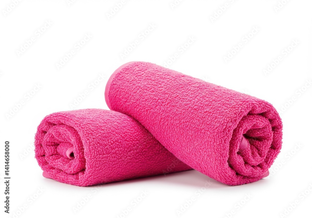 Poster two pink rolled towels neatly stacked on a white surface in a studio setting with soft lighting