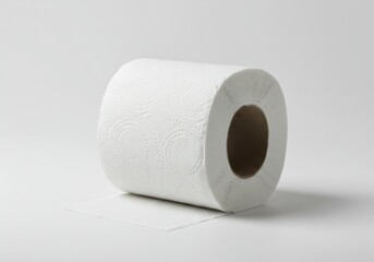 A single roll of white toilet paper on a white surface in a well lit studio with soft shadows present