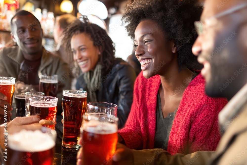 Poster vibrant friends enjoying beer at a pub gathering laughter and camaraderie in a warm and inviting atm