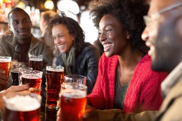 Vibrant friends enjoying beer at a pub gathering laughter and camaraderie in a warm and inviting atmosphere with a shallow depth of field