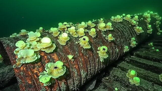 Rusty underwater pipe covered in yellow-green algae.