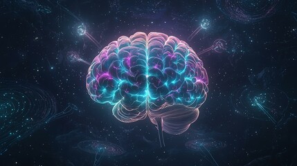 Digital Brain Glowing in Dark Space with Pink and Blue Hues