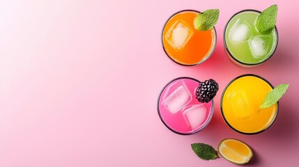 Fototapeta premium Vibrant Iced Drinks with Fruit Garnishes on Pink Background