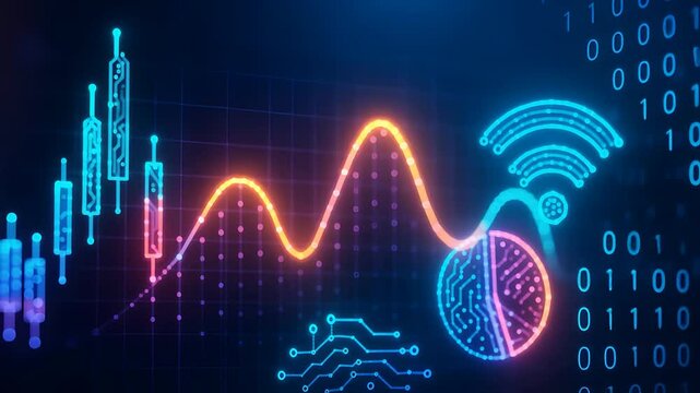 Digital Network with Data Flow, Wireless Signal, and Binary Code Representation

