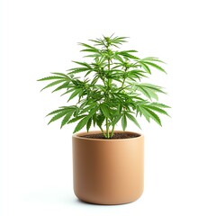 Obraz premium Green Cannabis Plant in Tan Pot on White Background