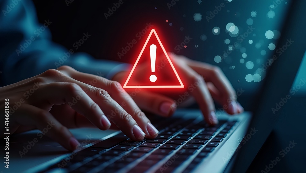 Poster a close-up of hands typing on a laptop with a red warning symbol overlay, highlighting cybersecurity
