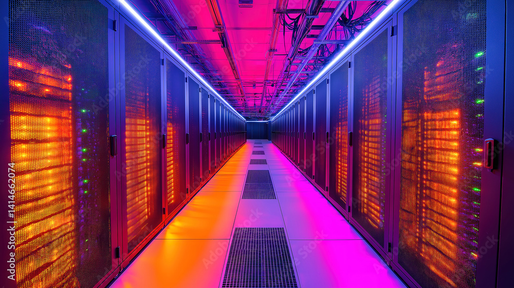 Poster data center corridor with rack servers and supercomputers amid high danger in a critical situation