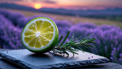 Sliced Lime and Rosemary Sprig on Slate Against Lavender Field