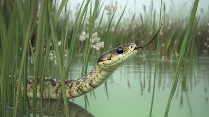 Venomous snake emerging from wetland vegetation.
