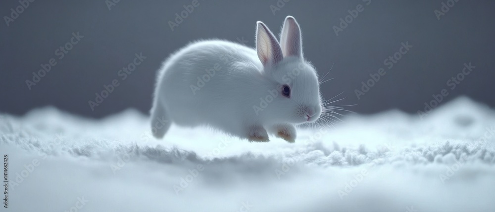 Poster ethereal white rabbit in soft focus leaps across a snowy landscape creating a dreamy and whimsical s