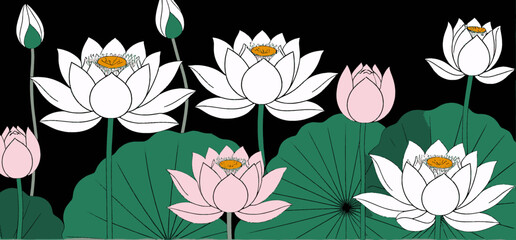 Elegant Lotus Flowers Digital Art_ Serene White and Pink Blooms with Green Leaves_ Minimalist Floral Design for Backgrounds and Art Prints