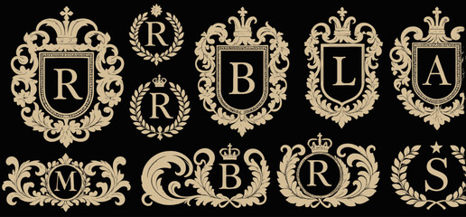 Elegant Monogram Logos _ Vintage Inspired Letter Crests _ Custom Heraldic Designs with R, B, L, A, M, and S Initials _ Luxury Branding Elements and Decoration