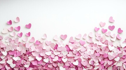 Obraz premium Pink and White Paper Hearts Scattered on White Background Romantic Delicate Design