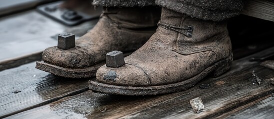 Dirty boots with metal plates on wooden planks. Outdoor setting.  Historical or industrial context