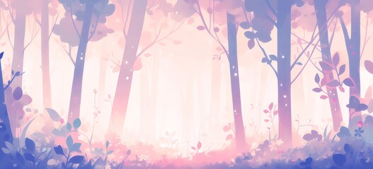 Pixelated Forest Scene Depicting Trees And Foliage In Soft Pink And Blue Hues With A Central Light Source