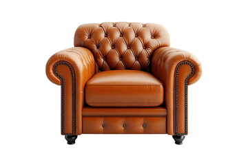 Luxurious Brown Leather Chesterfield Armchair Exquisite Button Tufting Detail Classic Design Rich Warm Tones Isolated on Black on transparent background