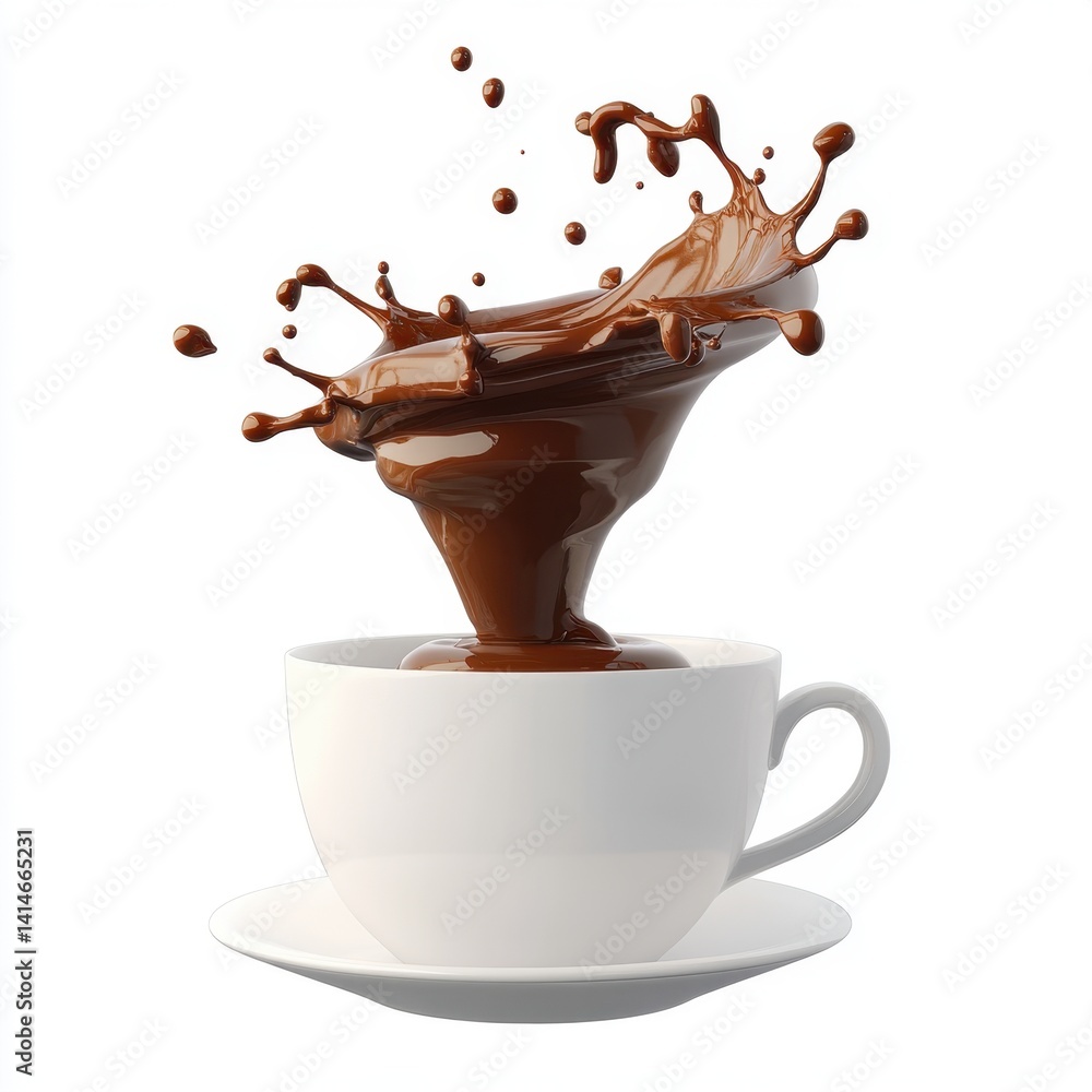Poster captivating chocolate splash in a pristine white cup against a clean background showcasing delicious