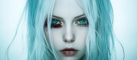 Fototapeta premium Pale woman, teal hair, injured eye, portrait. Fantasy art