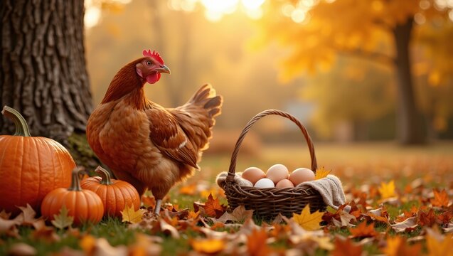 Chicken walking among pumpkins and eggs in autumn setting   - Powered by Adobe
