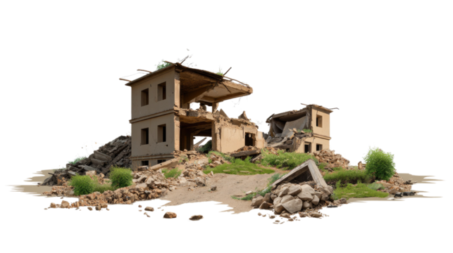 Ruined Building: A visual narrative of destruction and decay, showcasing the skeletal remains of a building structure amidst rubble and debris.