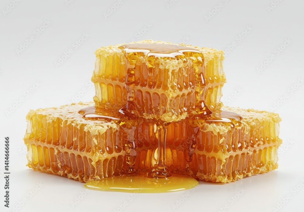 Poster a stack of three honeycomb pieces with honey dripping down on a white background in a close up shot