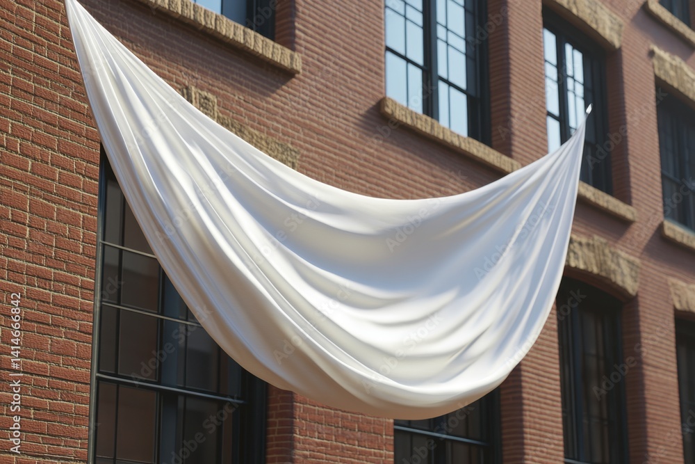 Poster elegant white fabric draped against a brick building facade with windows creating a modern architect