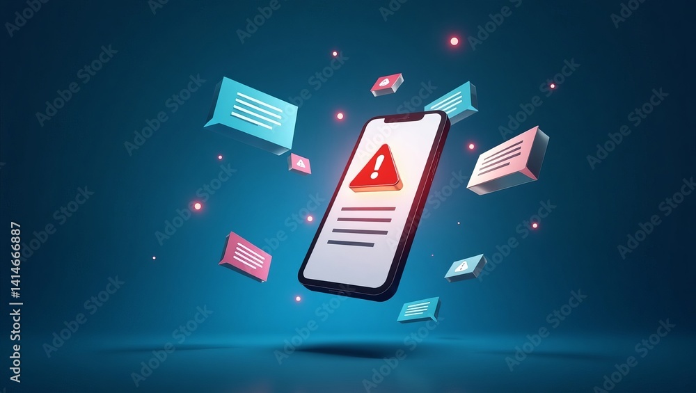 Poster a smartphone displaying a warning message with various notification bubbles floating around it, set 
