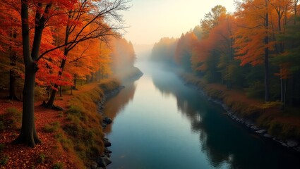 Fototapeta premium Autumn Foggy River Landscape