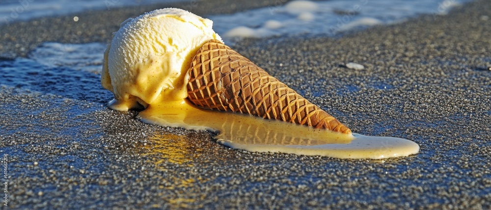 Poster decadent vanilla ice cream cone melts on dark sand beach in warm sunlight creating abstract patterns
