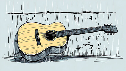Modern flat design, tight close-up shot of an electric guitar with a natural wood finish against a rustic wall.  Detailed focus, simple two-dimensional shapes emphasize the guitar's design.